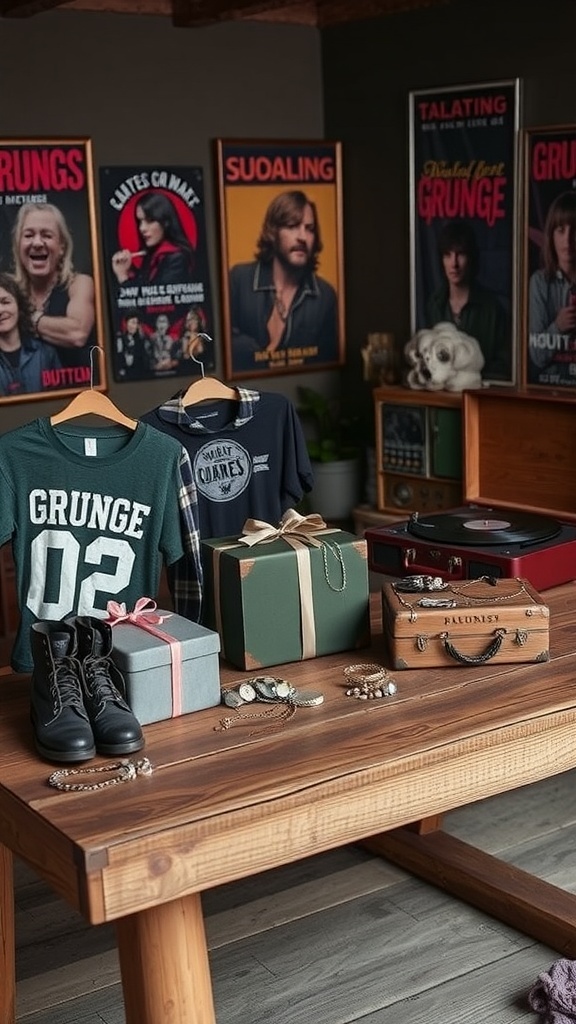 A display of grunge-inspired Christmas gifts including band tees, flannel, boots, and vinyl records on a rustic table.